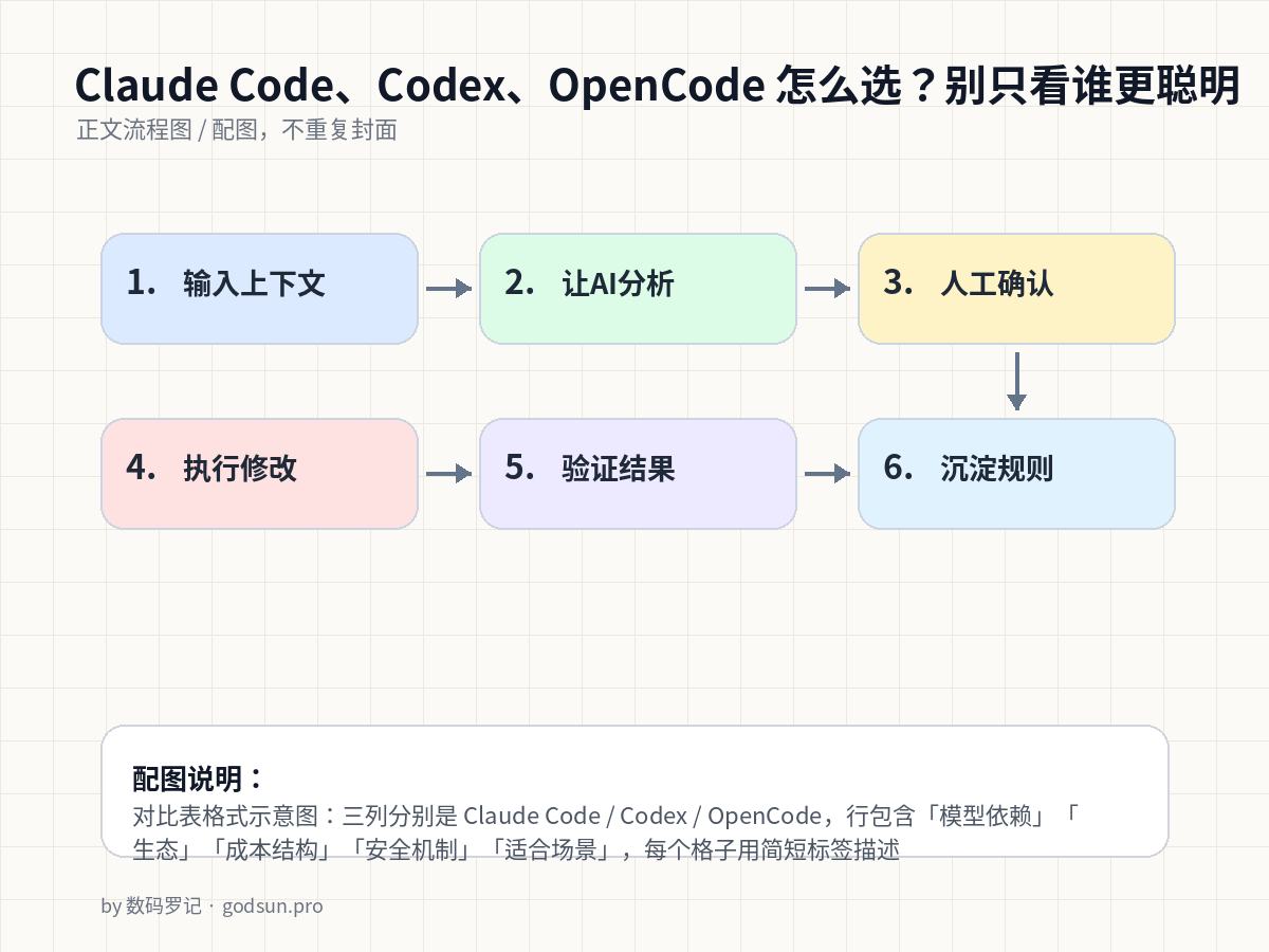 Claude Code、Codex、OpenCode 怎么选？别只看谁更聪明 流程图