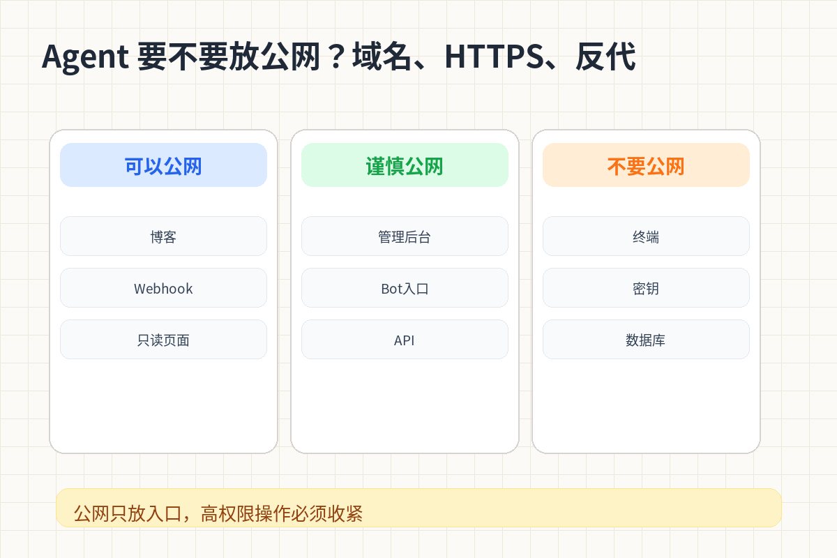 Agent 要不要放公网？域名、HTTPS、反代和安全边界 对比图