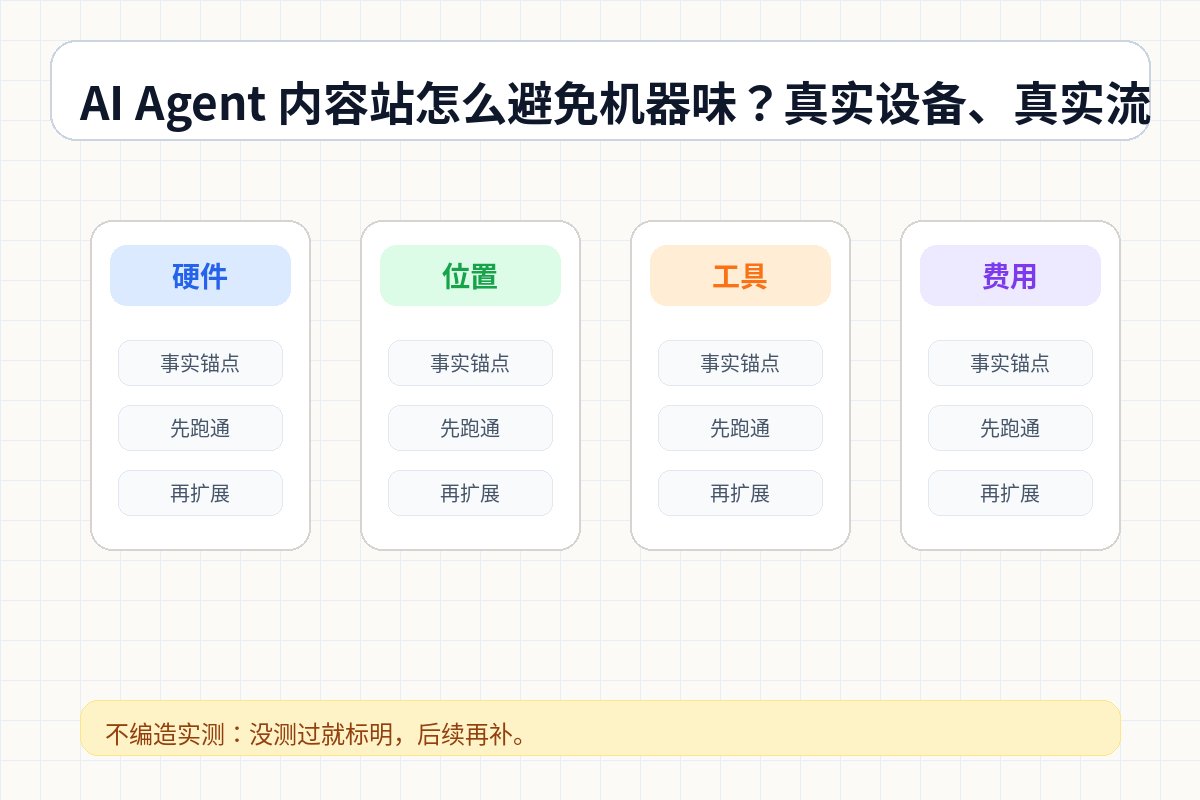 AI Agent 内容站怎么避免机器味？真实设备、真实流程、真实修改 结构图