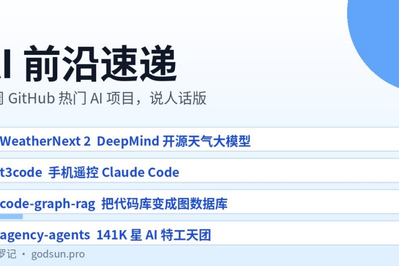 AI前沿速递｜WeatherNext 2 DeepMind开源天气大模型、t3code手机遥控Claude Code、code-graph-rag把代码库变图数据库、agency-agents 141K星AI特工天团