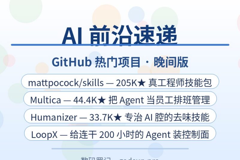 AI前沿速递｜mattpocock/skills 205K星”真工程师”技能包、Multica把Agent当员工管、Humanizer给AI文字去味、LoopX长跑Agent控制面