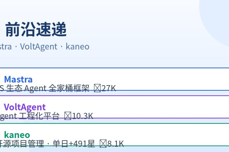 AI前沿速递｜Mastra 27K星TypeScript Agent框架、VoltAgent开箱即用的Agent工程平台、kaneo 8K星开源项目管理