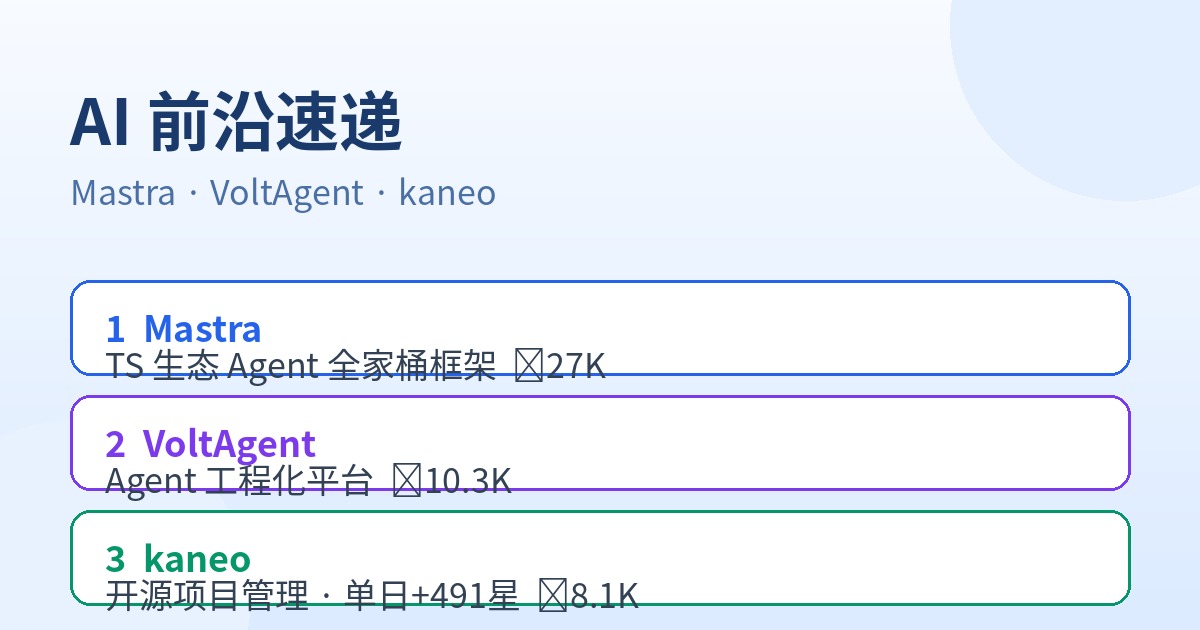 AI前沿速递｜Mastra 27K星TypeScript Agent框架、VoltAgent开箱即用的Agent工程平台、kaneo 8K星开源项目管理