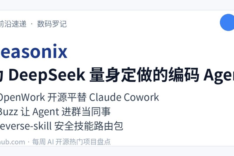AI前沿速递｜Reasonix为DeepSeek量身调教、OpenWork开源平替Claude Cowork、Buzz让Agent进群干活、reverse-skill安全技能路由包