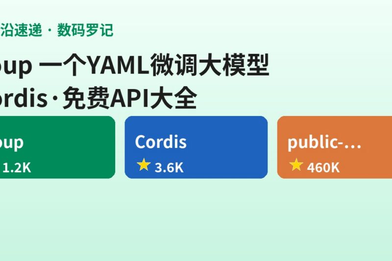 AI前沿速递｜Soup 一个YAML就能微调大模型、Cordis 时空组合元框架、public-apis 460K星的免费API大全