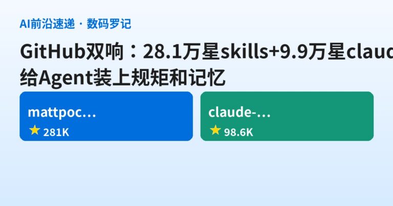 GitHub双响：28.1万星skills让Agent正经干活，9.9万星claude-mem替你记住一切